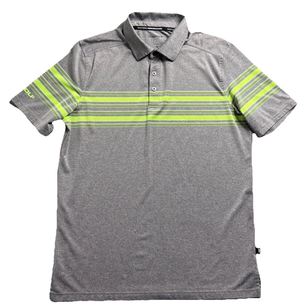 Skechers Mens M Performance Golf Polo Shirt Gray Green Striped Athletic EUC